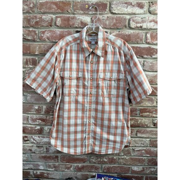 Carhartt Relaxed Fit Orange Plaid Short Sleeve Pearl Snap‎ Men's Size Large - Picture 8 of 8
